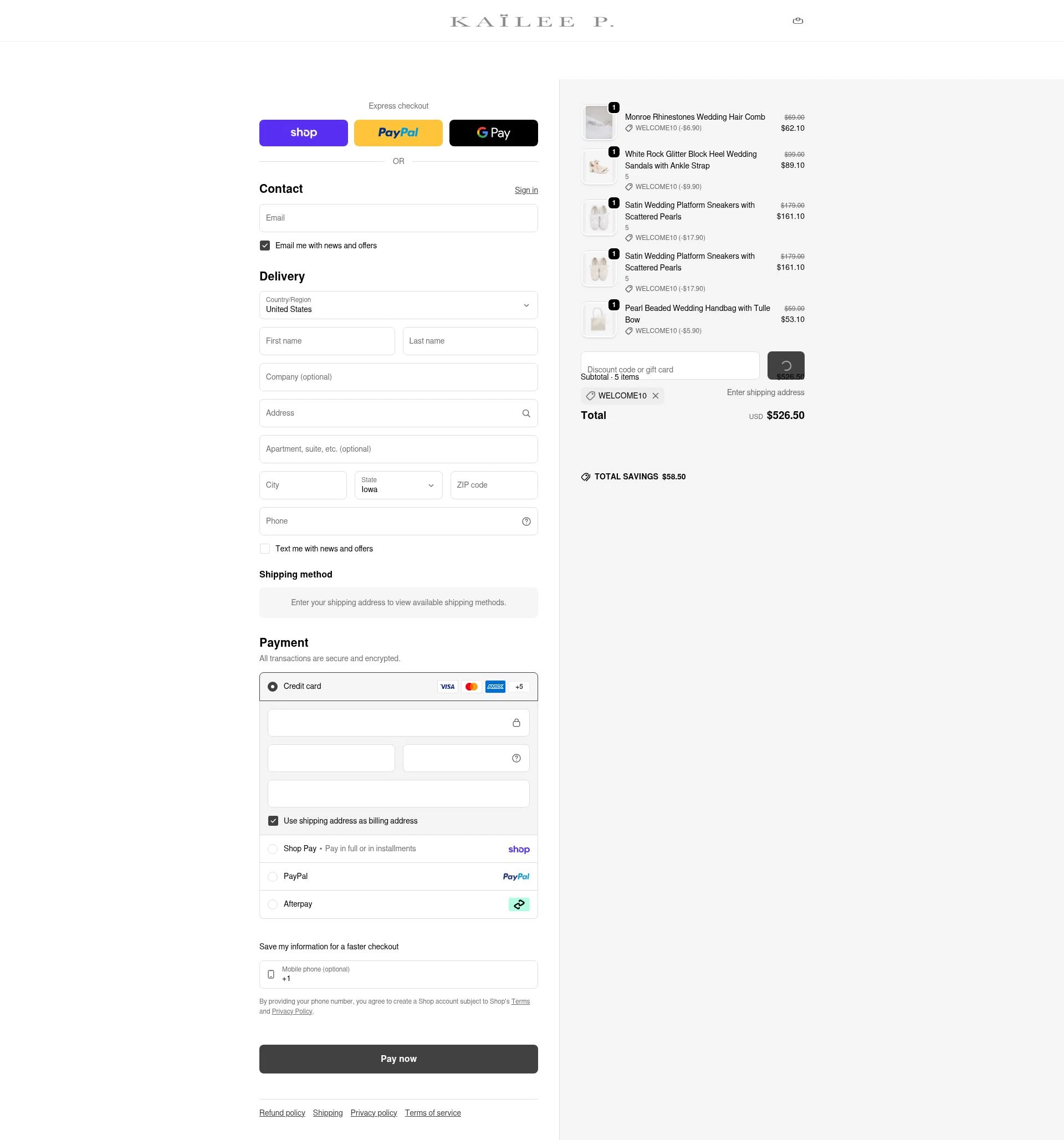 Kailee P checkout page showing Kailee P discount code box | Screenshot taken by SimplyCodes community member on Feb 19, 2026