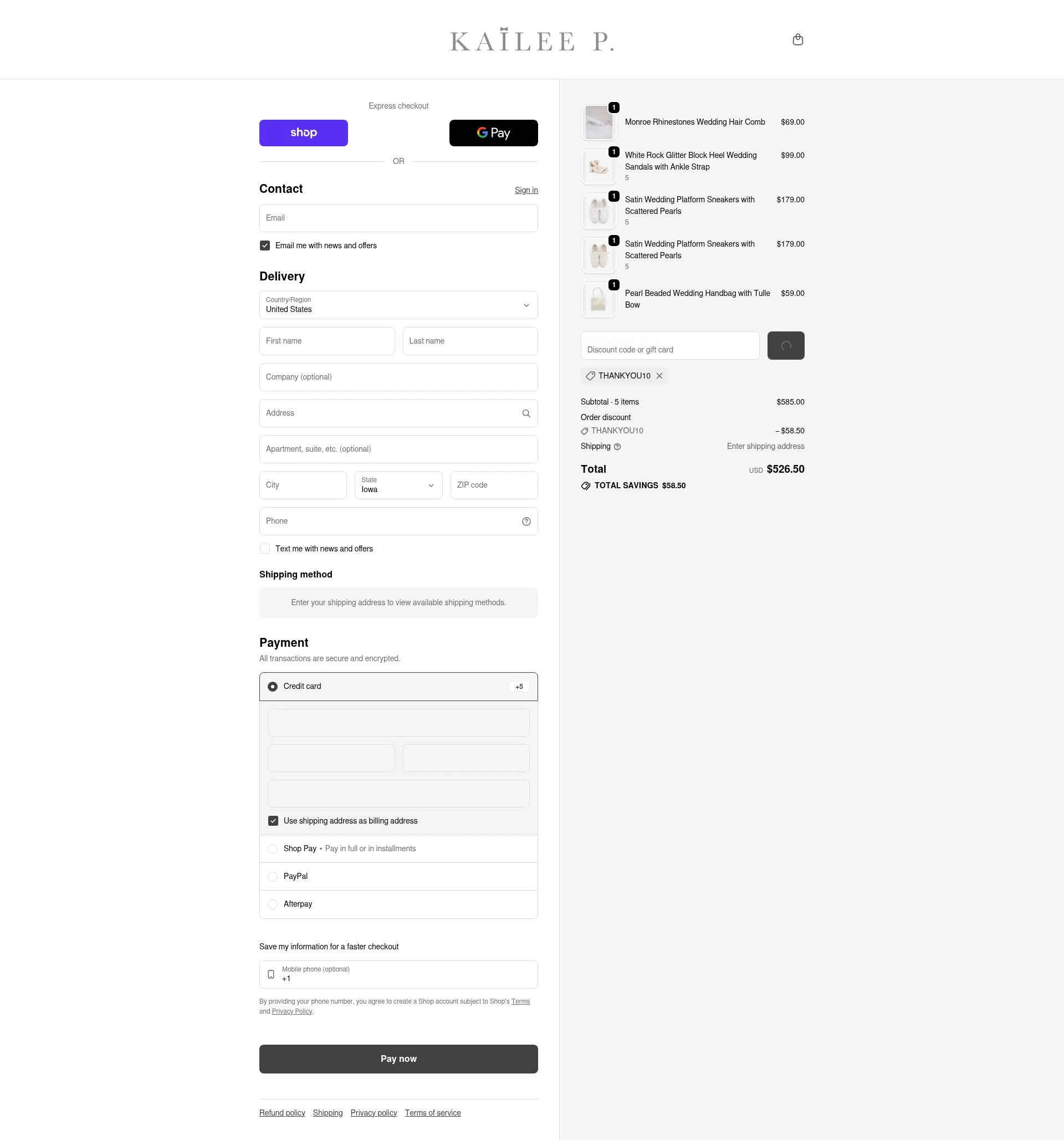 Kailee P checkout page showing Kailee P discount code box | Screenshot taken by SimplyCodes community member on Feb 19, 2026