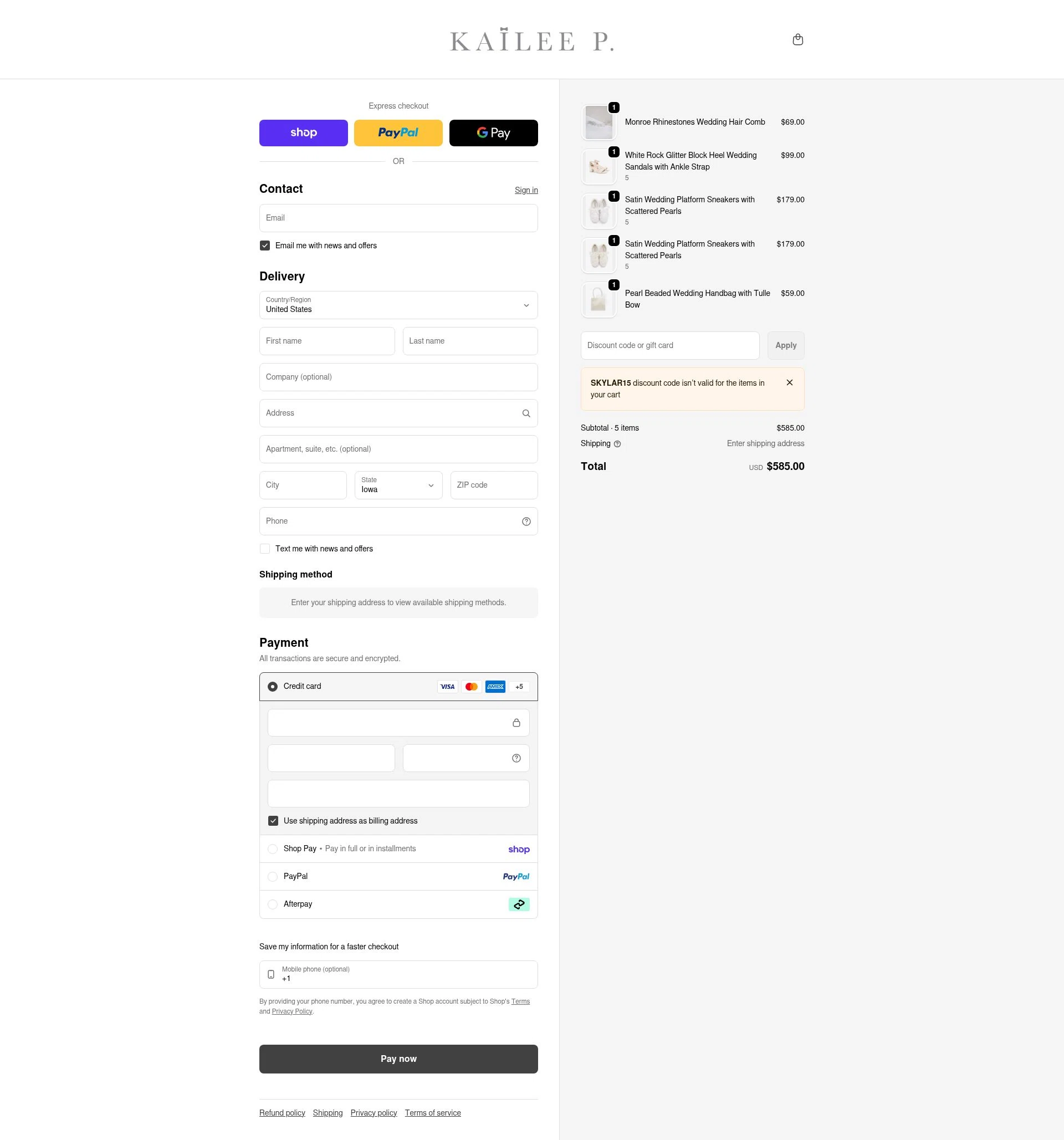 Kailee P checkout page showing Kailee P discount code box | Screenshot taken by SimplyCodes community member on Feb 19, 2026