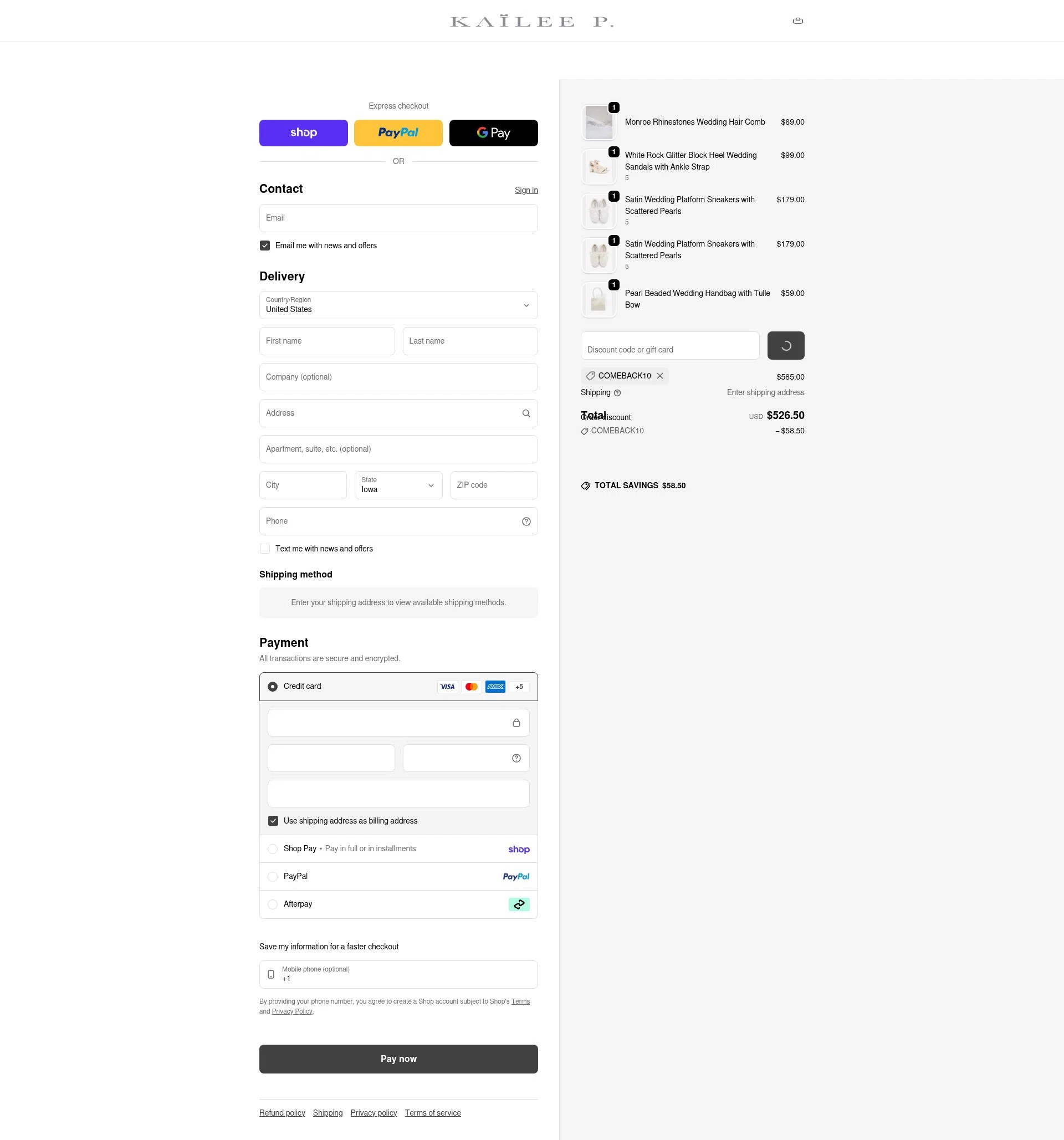 Kailee P checkout page showing Kailee P discount code box | Screenshot taken by SimplyCodes community member on Feb 19, 2026