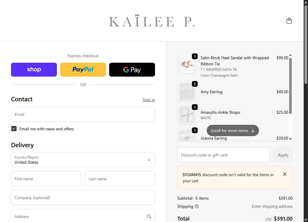 Kailee P checkout page showing Kailee P discount code box | Screenshot taken by SimplyCodes community member on Feb 15, 2026