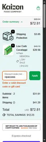 Kaizen Food Company coupon verification screenshot