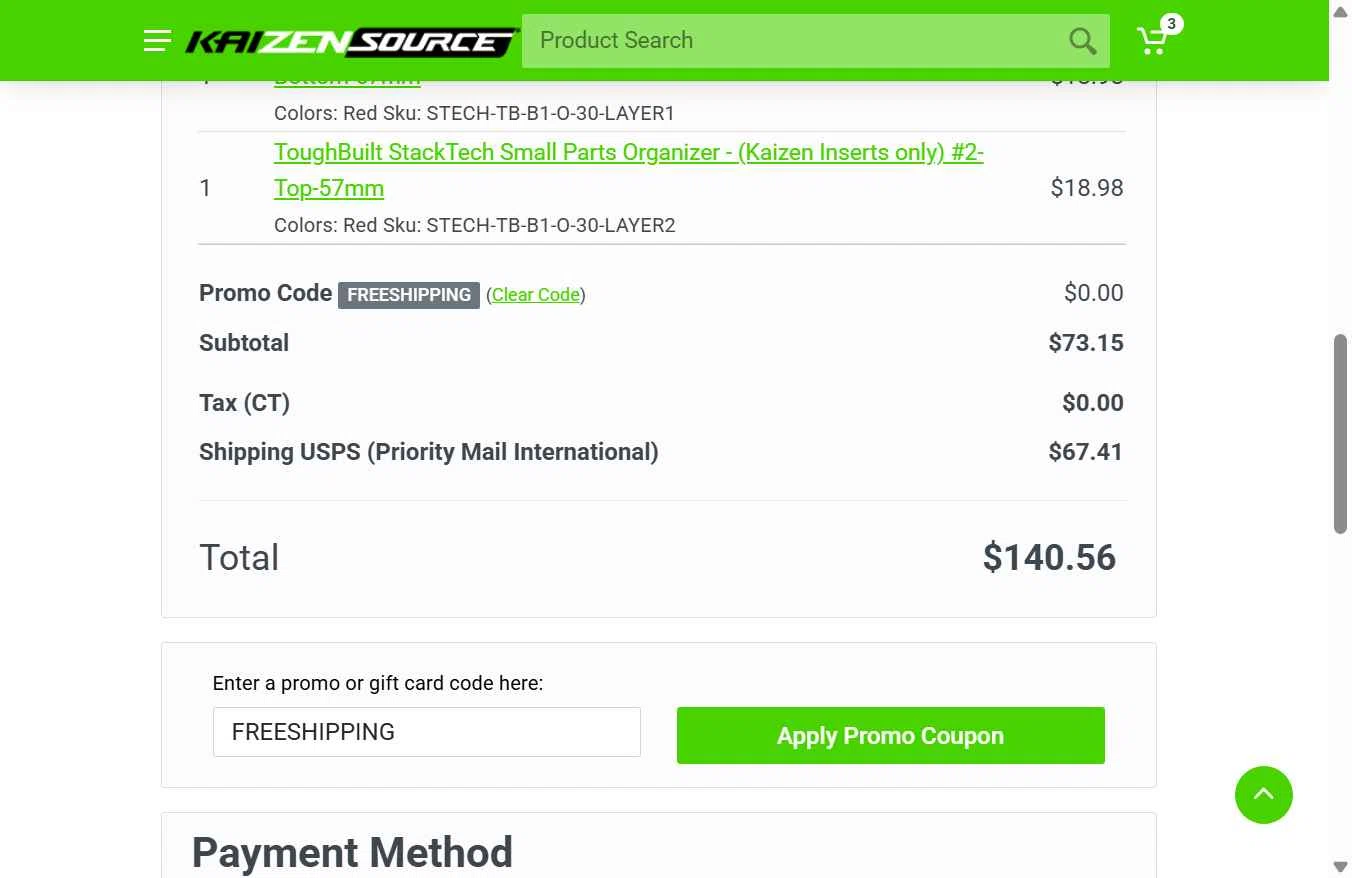 Kaizen Source checkout page showing Kaizen Source promo code box | Screenshot taken by SimplyCodes community member on Sep 9, 2025