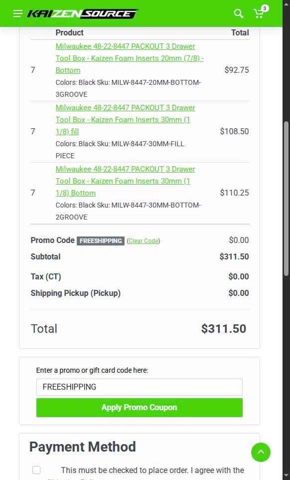 Kaizen Source checkout page showing Kaizen Source promo code box | Screenshot taken by SimplyCodes community member on Oct 16, 2025
