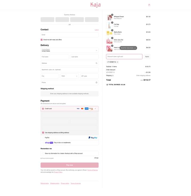 Kaja Beauty checkout page showing Kaja Beauty discount code box | Screenshot taken by SimplyCodes community member on Mar 7, 2025