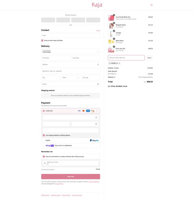 Kaja Beauty checkout page showing Kaja Beauty discount code box | Screenshot taken by SimplyCodes community member on Mar 31, 2025
