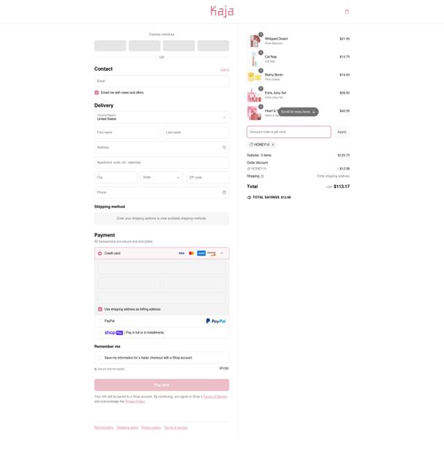 Kaja Beauty checkout page showing Kaja Beauty discount code box | Screenshot taken by SimplyCodes community member on Mar 9, 2025
