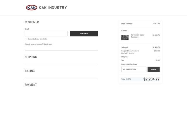KAK Industry checkout page showing KAK Industry coupon code box | Screenshot taken by SimplyCodes community member on Jul 23, 2025