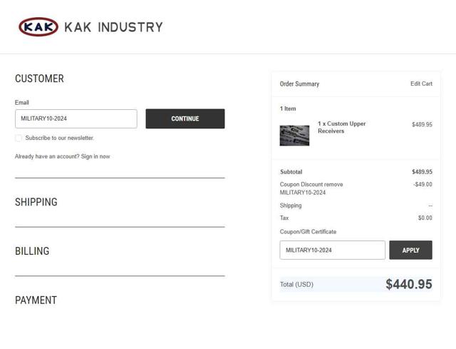 KAK Industry checkout page showing KAK Industry coupon code box | Screenshot taken by SimplyCodes community member on Jul 23, 2025