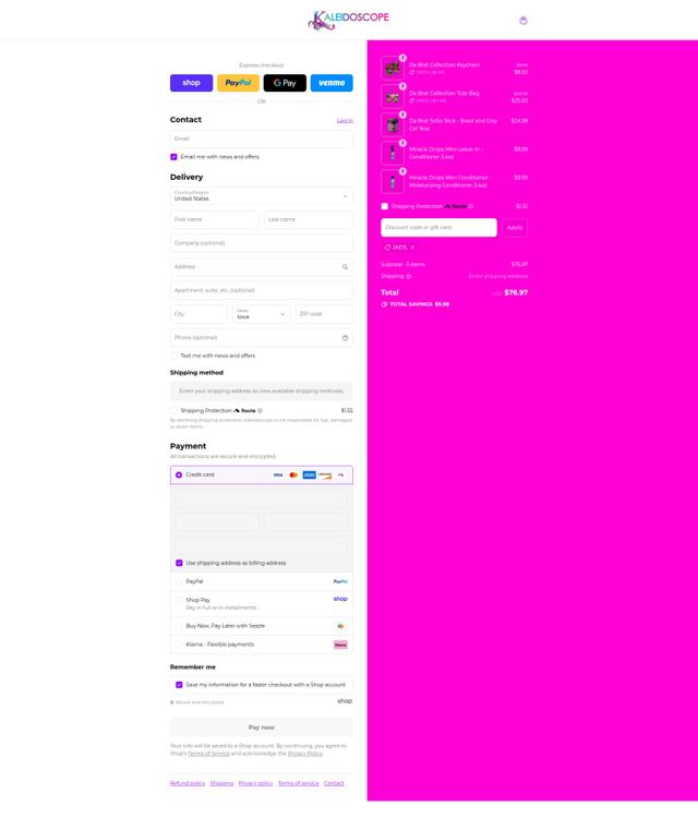 Kaleidoscope Hair Products checkout page showing Kaleidoscope Hair Products discount code box | Screenshot taken by SimplyCodes community member on Sep 5, 2025