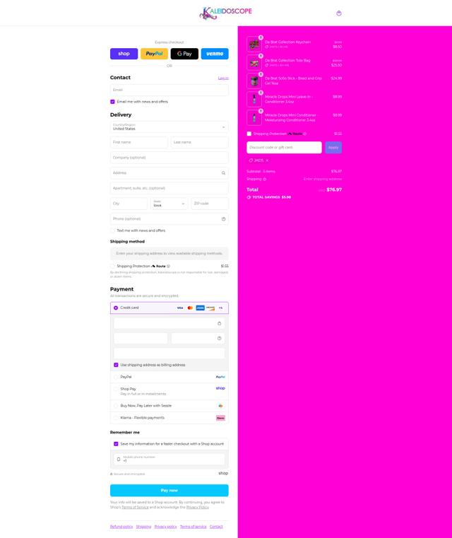 Kaleidoscope Hair Products checkout page showing Kaleidoscope Hair Products discount code box | Screenshot taken by SimplyCodes community member on Sep 1, 2025