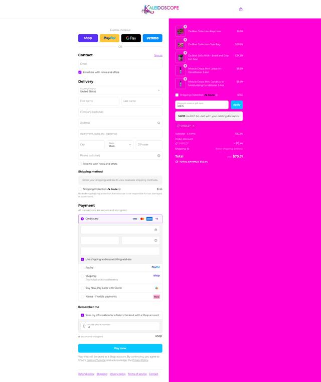 Kaleidoscope Hair Products checkout page showing Kaleidoscope Hair Products discount code box | Screenshot taken by SimplyCodes community member on Sep 9, 2025