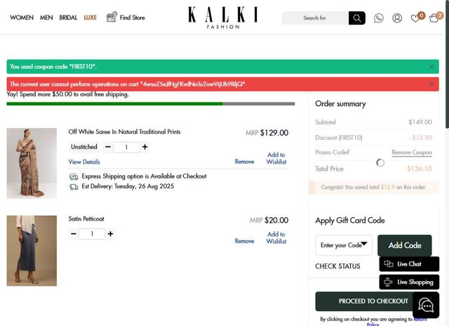 Kalki Fashion checkout page showing Kalki Fashion promo code box | Screenshot taken by SimplyCodes community member on Aug 17, 2025