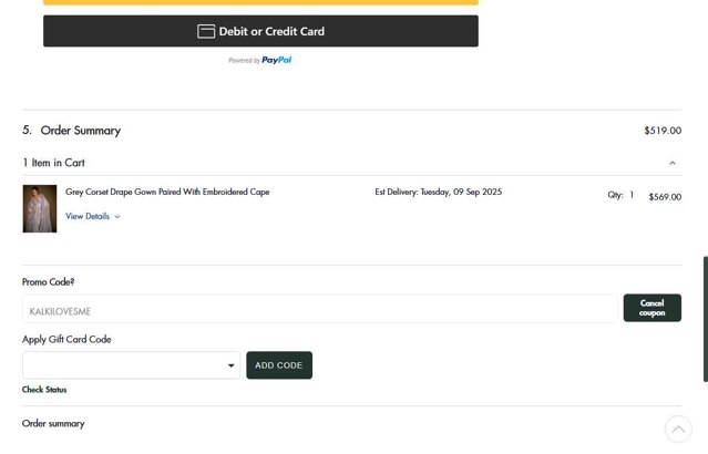 Kalki Fashion checkout page showing Kalki Fashion promo code box | Screenshot taken by SimplyCodes community member on Aug 6, 2025