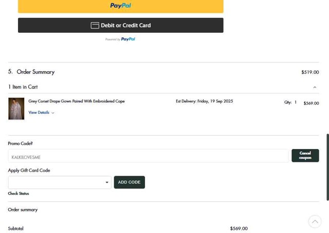 Kalki Fashion checkout page showing Kalki Fashion promo code box | Screenshot taken by SimplyCodes community member on Aug 18, 2025