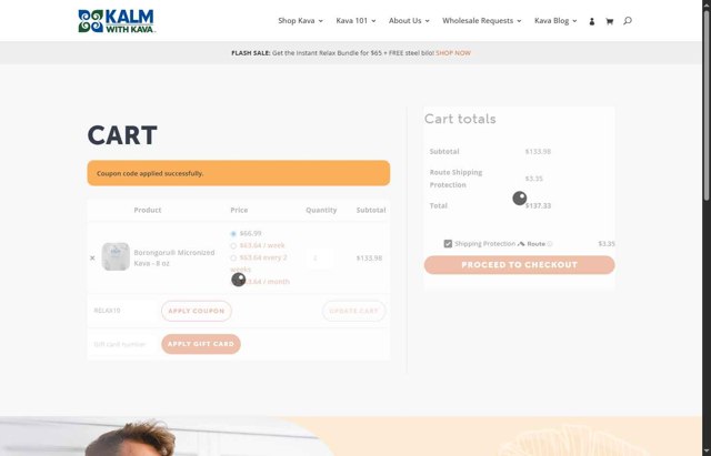 Kalm with Kava checkout page showing Kalm with Kava discount code box | Screenshot taken by SimplyCodes community member on Aug 6, 2025