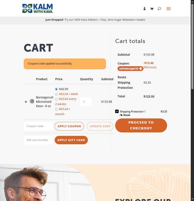 Kalm with Kava checkout page showing Kalm with Kava discount code box | Screenshot taken by SimplyCodes community member on Sep 4, 2025