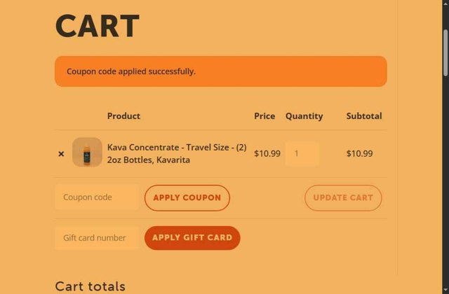Kalm with Kava checkout page showing Kalm with Kava discount code box | Screenshot taken by SimplyCodes community member on Jul 14, 2025