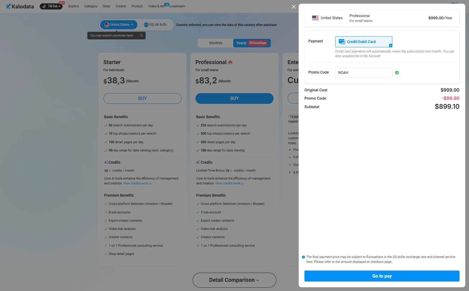 Kalodata checkout page showing Kalodata promo code box | Screenshot taken by SimplyCodes community member on Jan 20, 2026