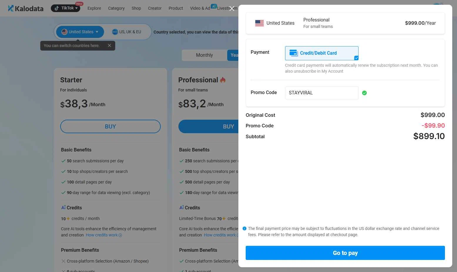 Kalodata checkout page showing Kalodata promo code box | Screenshot taken by SimplyCodes community member on Jan 20, 2026