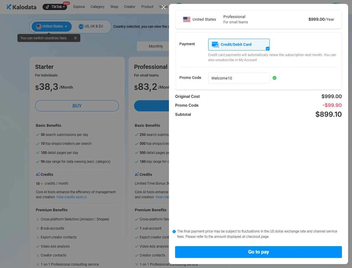 Kalodata checkout page showing Kalodata promo code box | Screenshot taken by SimplyCodes community member on Jan 10, 2026