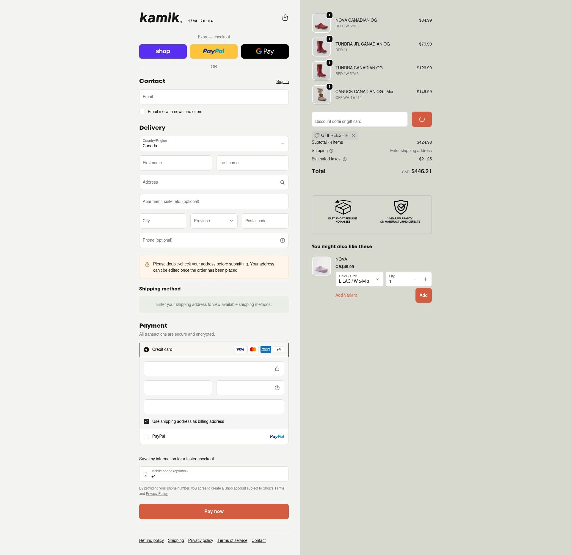 Kamik checkout page showing Kamik discount code box | Screenshot taken by SimplyCodes community member on Jan 13, 2026