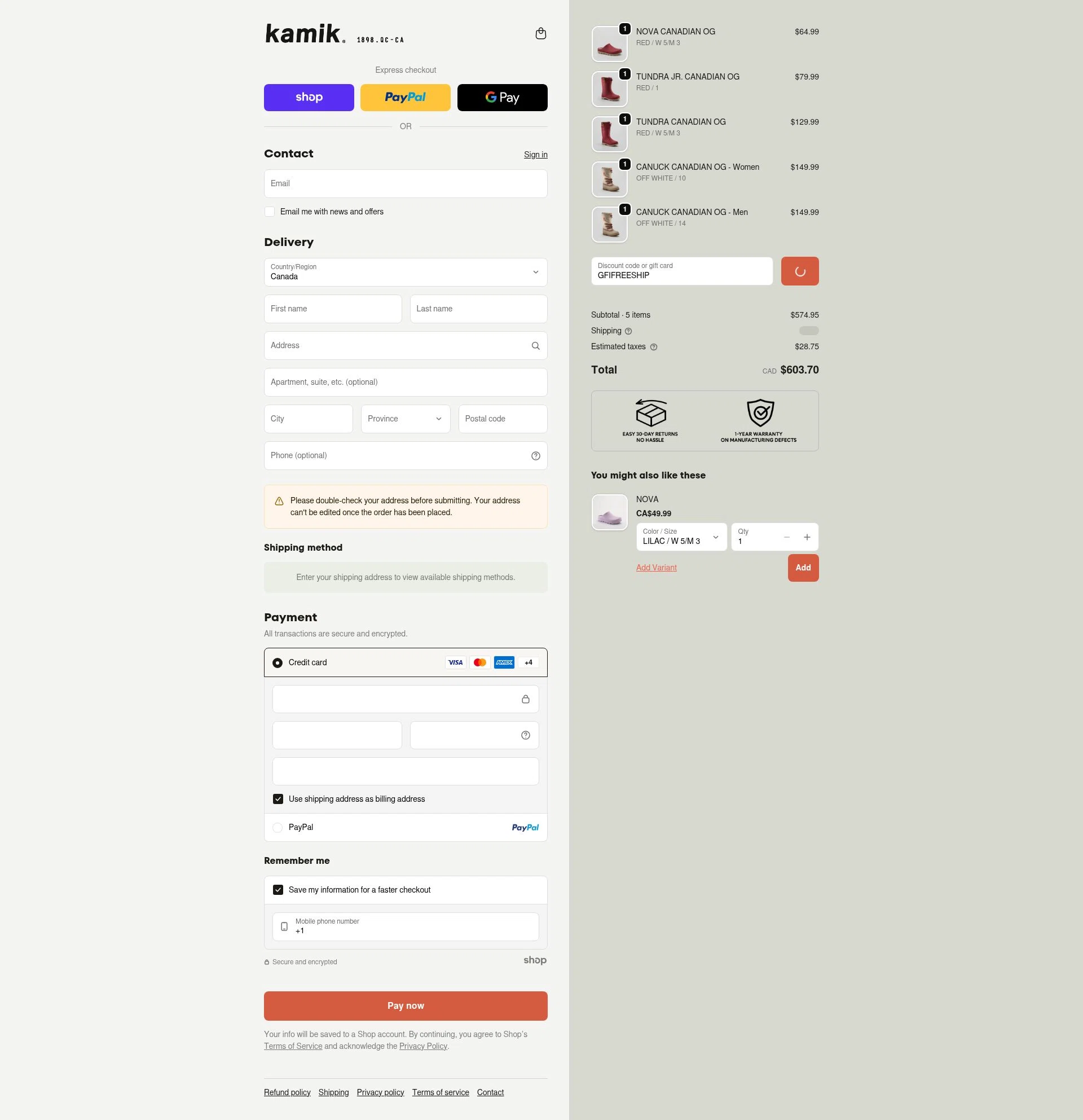 Kamik checkout page showing Kamik discount code box | Screenshot taken by SimplyCodes community member on Jan 23, 2026