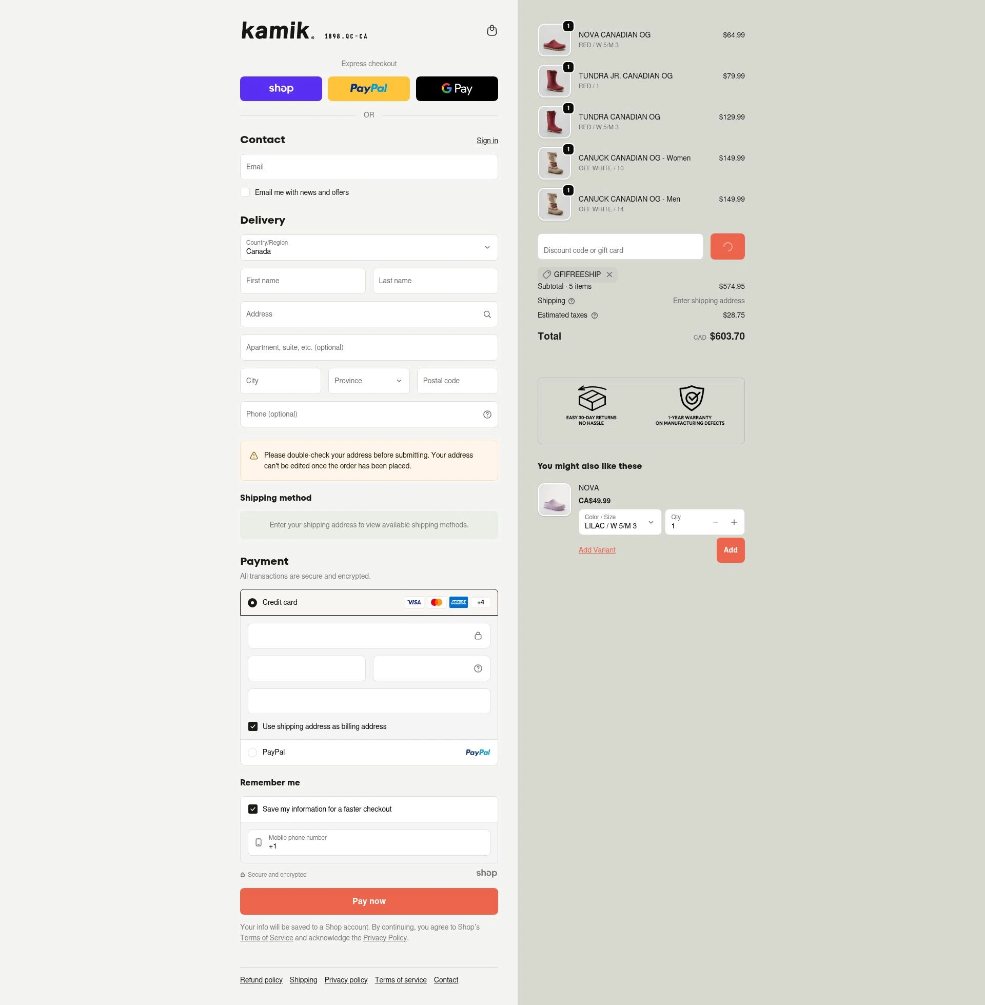 Kamik checkout page showing Kamik discount code box | Screenshot taken by SimplyCodes community member on Jan 2, 2026