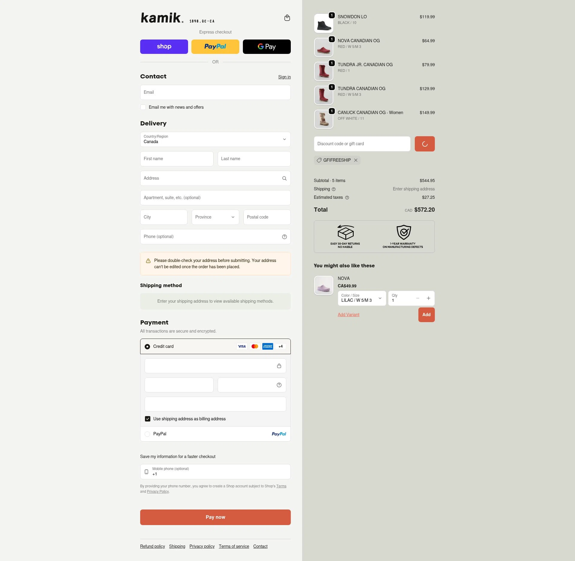 Kamik checkout page showing Kamik discount code box | Screenshot taken by SimplyCodes community member on Jan 31, 2026