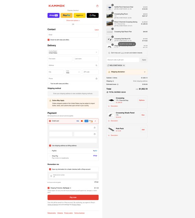 Kammok checkout page showing Kammok discount code box | Screenshot taken by SimplyCodes community member on Aug 24, 2025