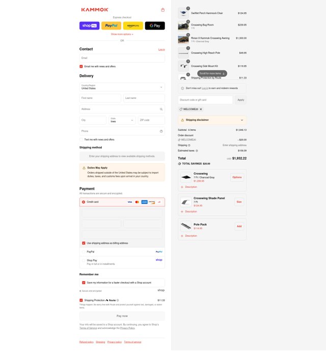 Kammok checkout page showing Kammok discount code box | Screenshot taken by SimplyCodes community member on Aug 24, 2025
