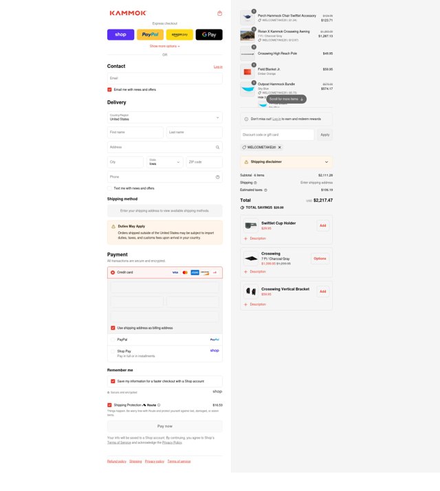 Kammok checkout page showing Kammok discount code box | Screenshot taken by SimplyCodes community member on Sep 1, 2025