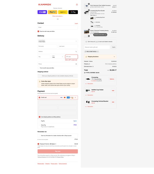 Kammok checkout page showing Kammok discount code box | Screenshot taken by SimplyCodes community member on Aug 28, 2025