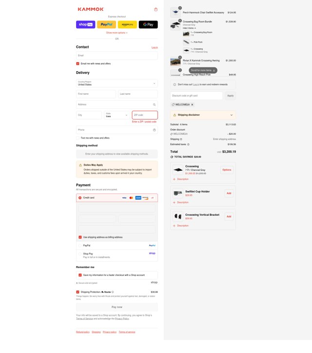 Kammok checkout page showing Kammok discount code box | Screenshot taken by SimplyCodes community member on Aug 28, 2025