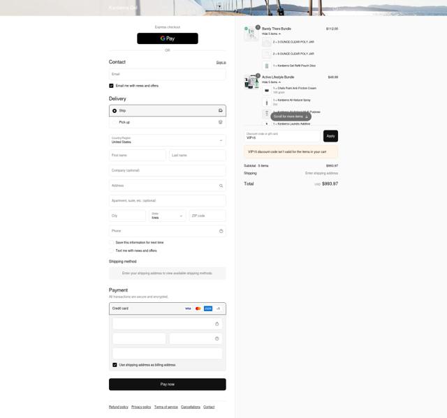 Kanberra Gel checkout page showing Kanberra Gel discount code box | Screenshot taken by SimplyCodes community member on Sep 13, 2025