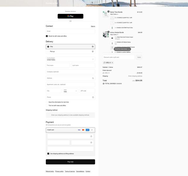 Kanberra Gel checkout page showing Kanberra Gel discount code box | Screenshot taken by SimplyCodes community member on Sep 13, 2025