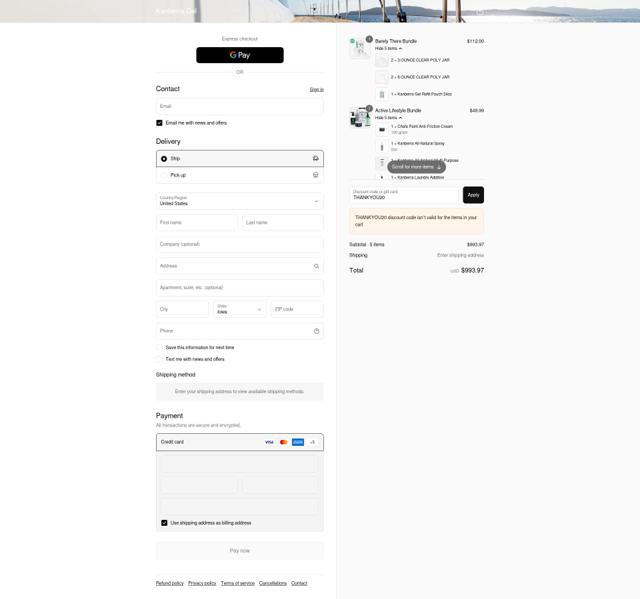 Kanberra Gel checkout page showing Kanberra Gel discount code box | Screenshot taken by SimplyCodes community member on Sep 13, 2025