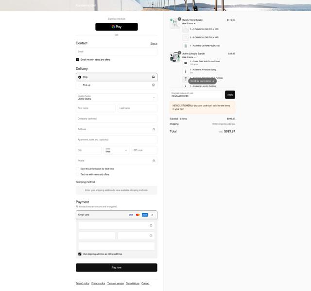 Kanberra Gel checkout page showing Kanberra Gel discount code box | Screenshot taken by SimplyCodes community member on Sep 13, 2025