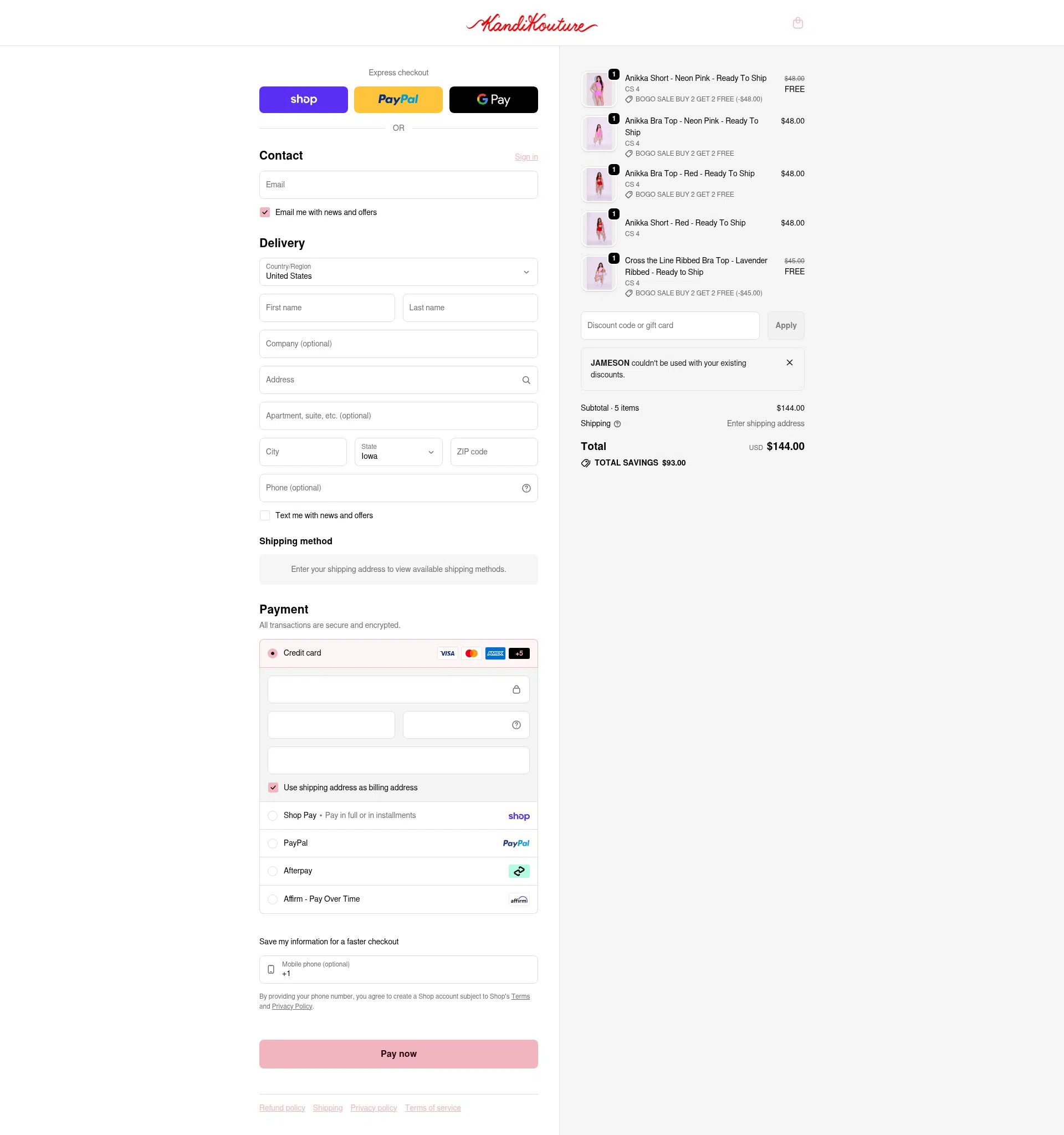 Kandi Kouture checkout page showing Kandi Kouture discount code box | Screenshot taken by SimplyCodes community member on Feb 17, 2026
