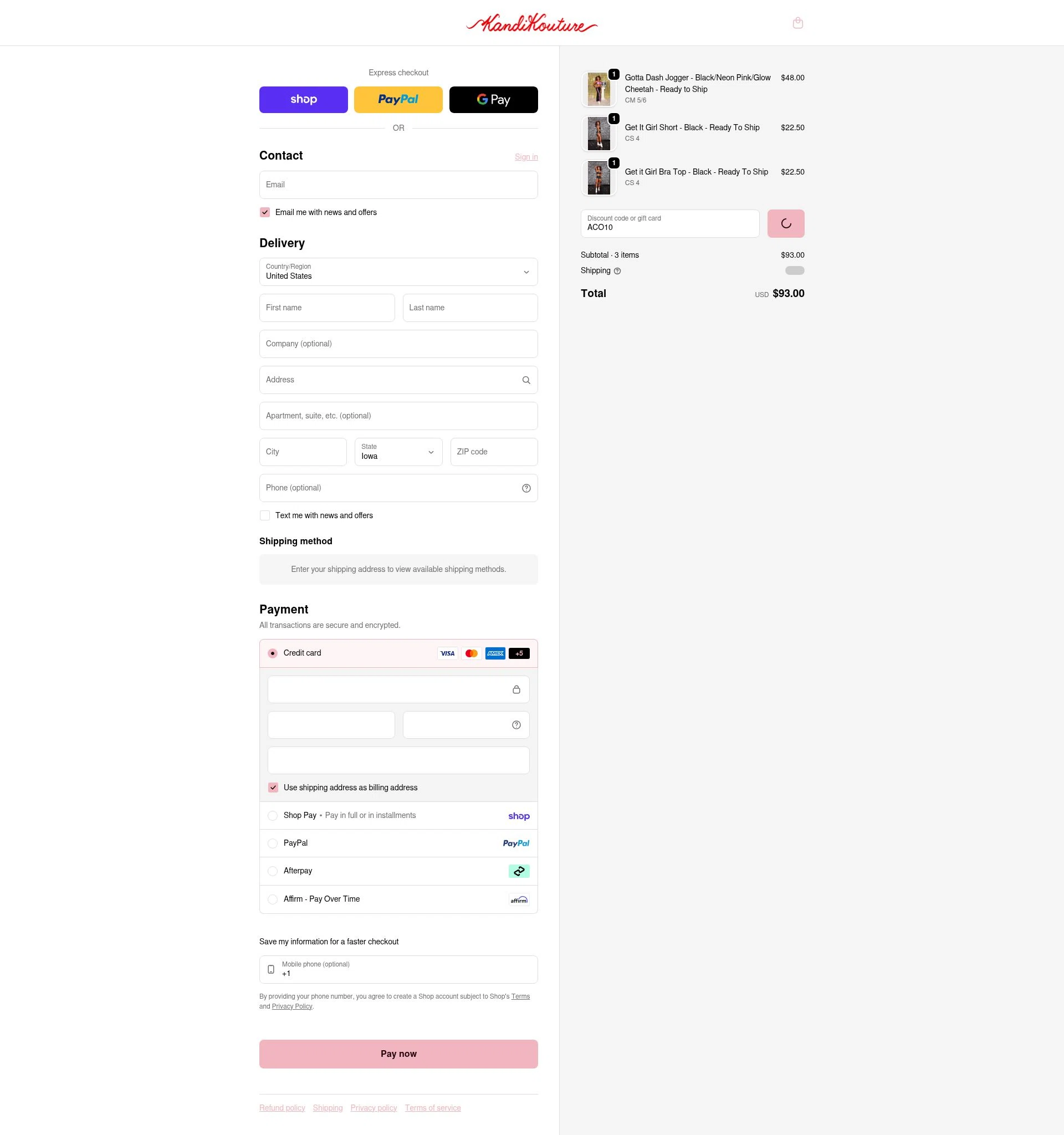 Kandi Kouture checkout page showing Kandi Kouture discount code box | Screenshot taken by SimplyCodes community member on Feb 8, 2026