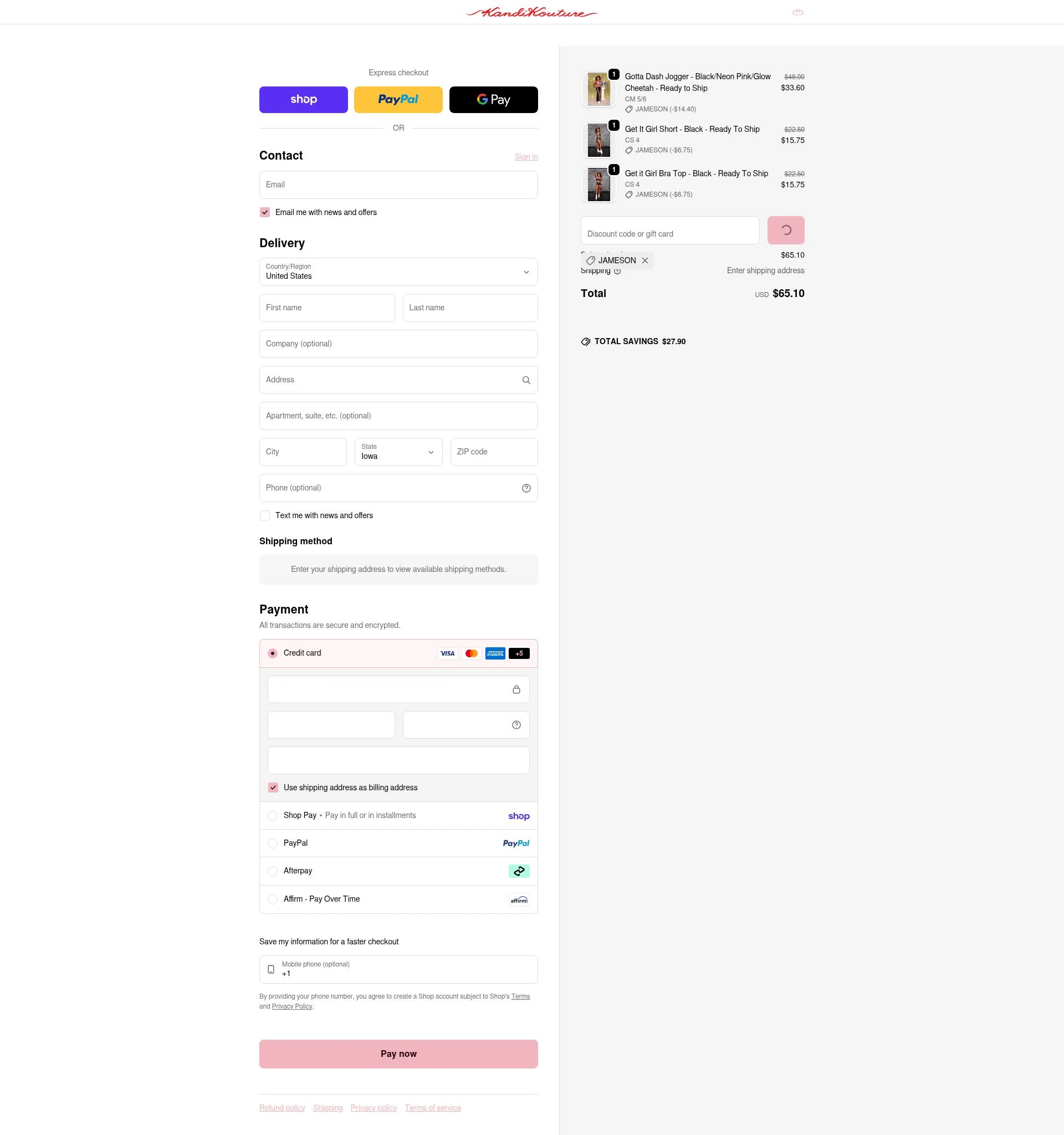 Kandi Kouture checkout page showing Kandi Kouture discount code box | Screenshot taken by SimplyCodes community member on Feb 8, 2026
