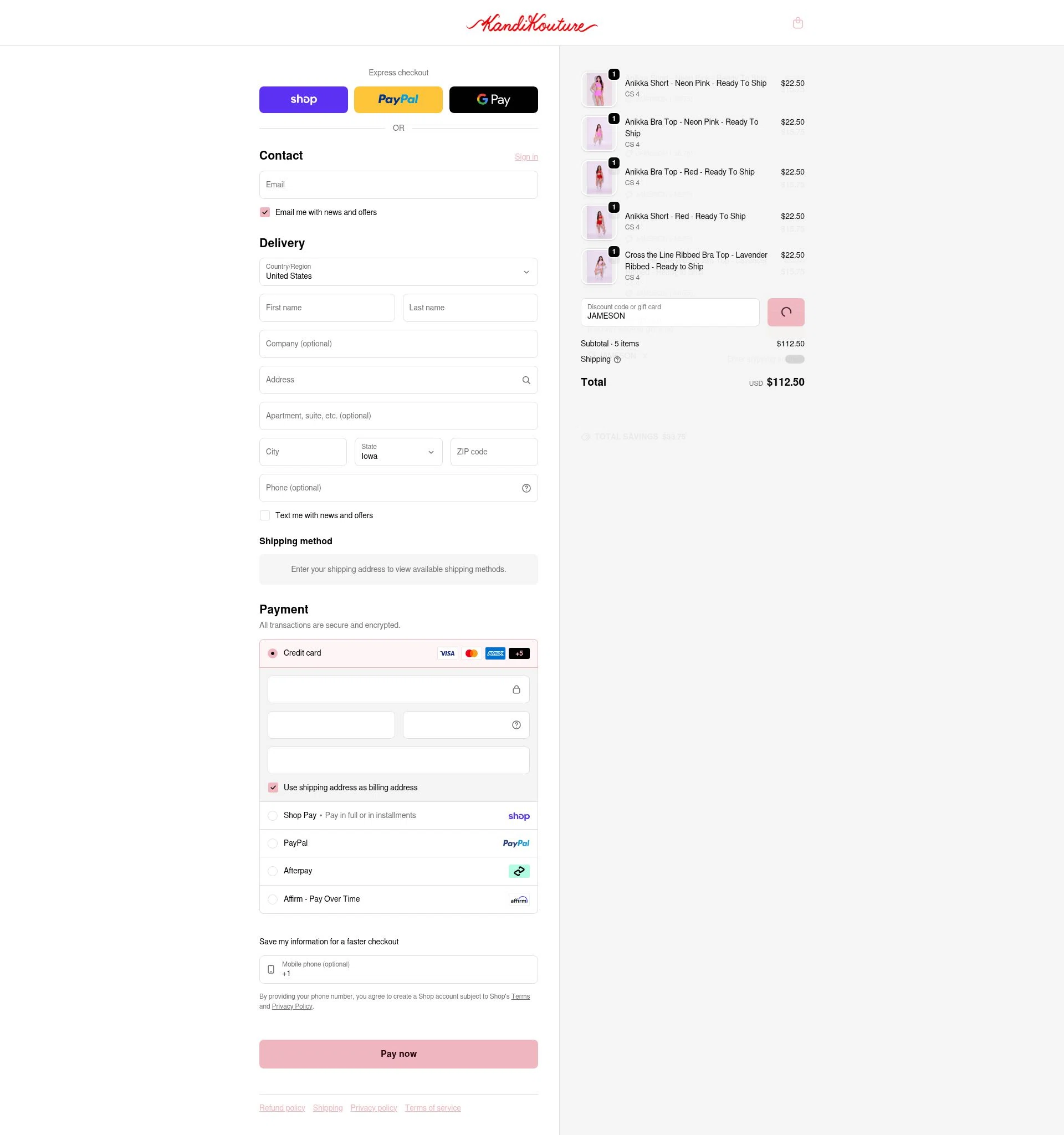 Kandi Kouture checkout page showing Kandi Kouture discount code box | Screenshot taken by SimplyCodes community member on Feb 12, 2026