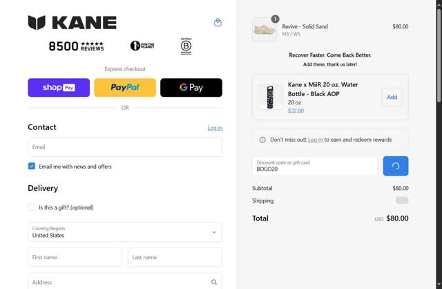 Kane Footwear checkout page showing Kane Footwear discount code box | Screenshot taken by SimplyCodes community member on Jul 25, 2025
