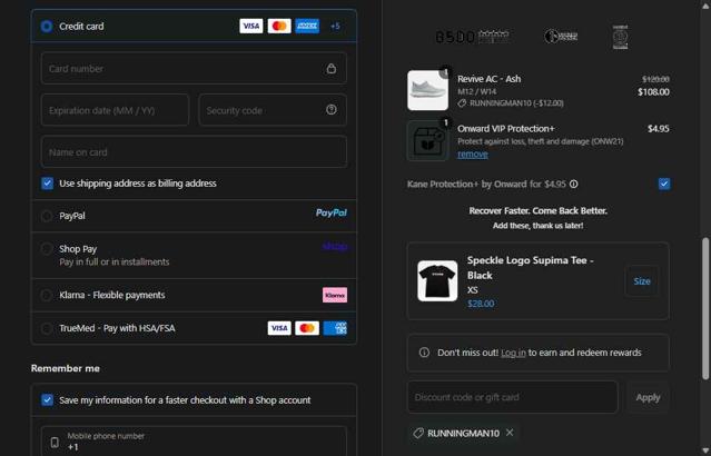 Kane Footwear checkout page showing Kane Footwear discount code box | Screenshot taken by SimplyCodes community member on Sep 10, 2025
