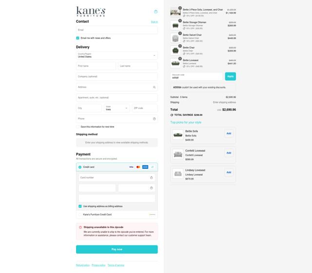 Kane's Furniture checkout page showing Kane's Furniture promo code box | Screenshot taken by SimplyCodes community member on Sep 15, 2025