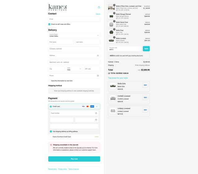 Kane's Furniture checkout page showing Kane's Furniture promo code box | Screenshot taken by SimplyCodes community member on Sep 15, 2025