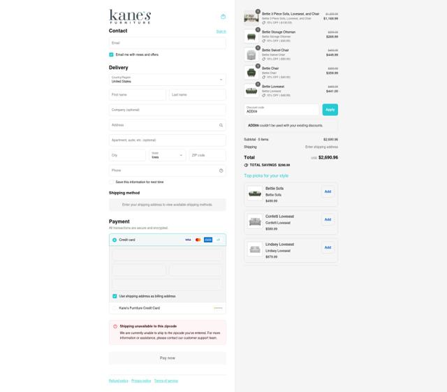 Kane's Furniture checkout page showing Kane's Furniture promo code box | Screenshot taken by SimplyCodes community member on Sep 15, 2025