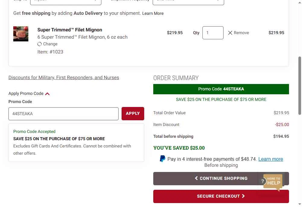 Kansas City Steak Co. checkout page showing Kansas City Steak Co. promo code box | Screenshot taken by SimplyCodes community member on Jan 5, 2026