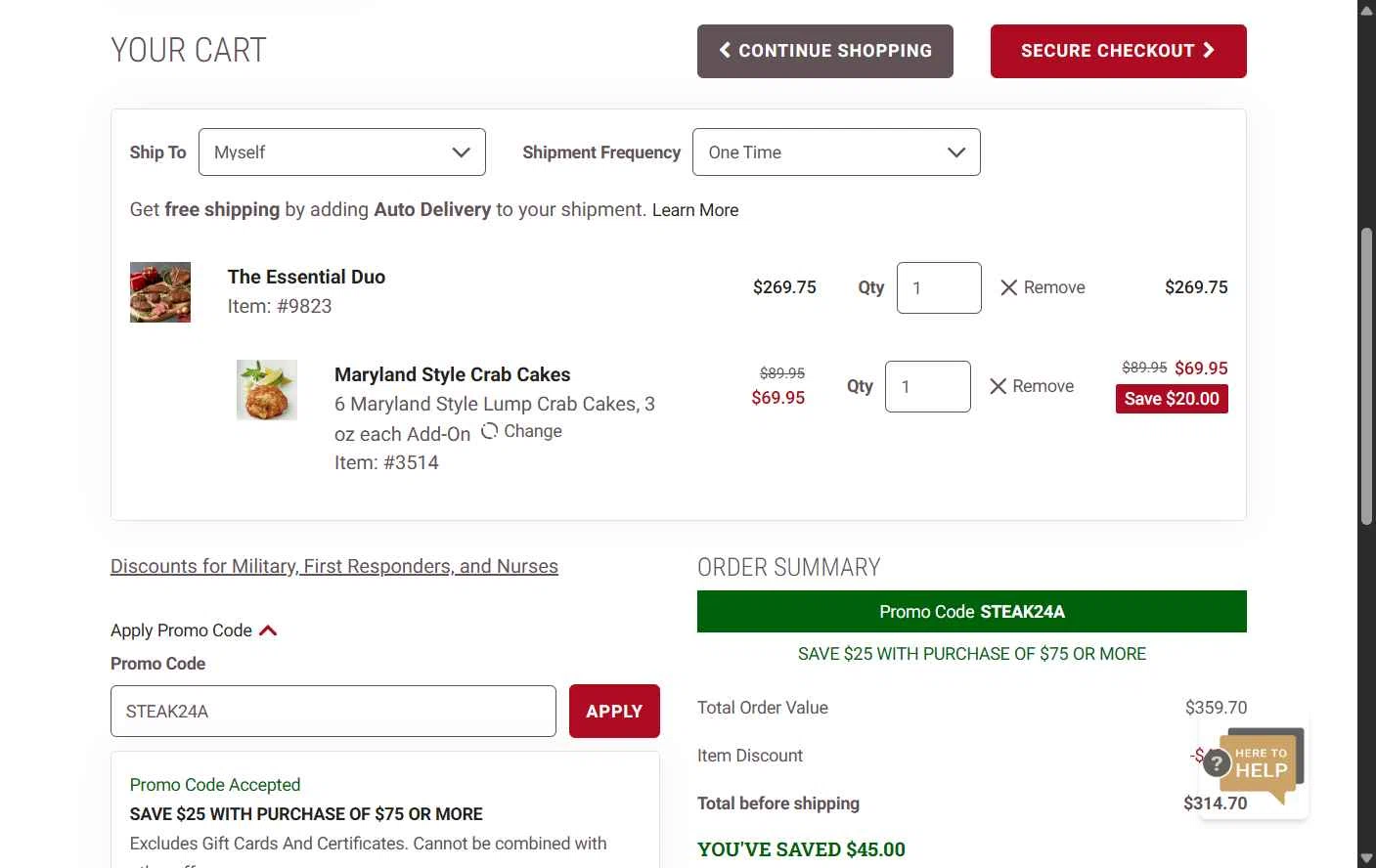 Kansas City Steak Co. checkout page showing Kansas City Steak Co. promo code box | Screenshot taken by SimplyCodes community member on Nov 12, 2025