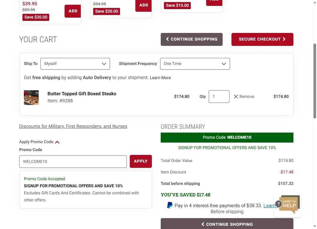 Kansas City Steak Co. checkout page showing Kansas City Steak Co. promo code box | Screenshot taken by SimplyCodes community member on Nov 24, 2025